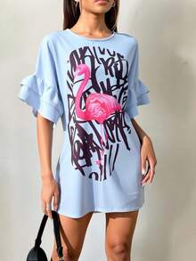 Playera Oversized Azul con Estampado de Flamenco y Volantes – ¡Estilo Divertido y Original! - Blanco - Ver 1