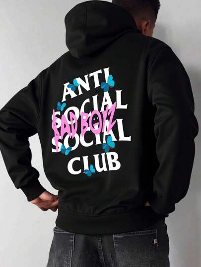 Sudadera Con Capucha De Cuello Redondo Para Hombre Con Estampado De Anti Social Club Sad Boyz Bolsillo Canguro Y Cordón, Manga Larga, Suelta Y Casual, Ideal Para Regalar Como Ropa De Hombre Frente y Espalda