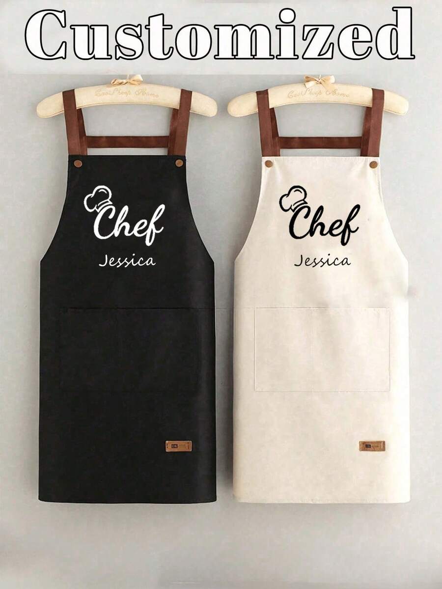1pc Customized Black Kitchen Cooking Apron, Modern Polyester Oil-Proof Apron, Black Kitchen Apron, Polyester Apron For Garden, Kitchen And Housework Perfect For Home, Restaurant, And Kitchen Cooking