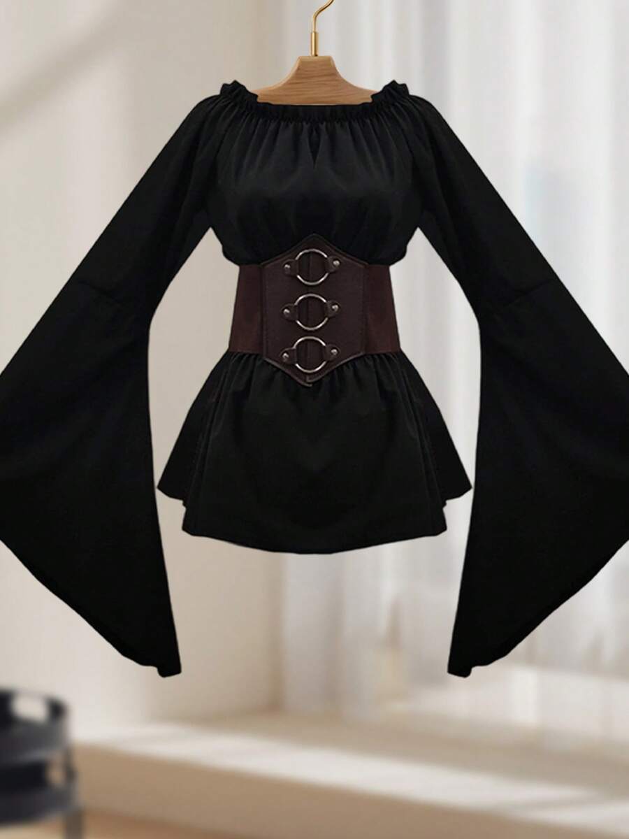 Women's Victorian Style Blouse - Long Sleeve Corset Top For Theme Parties - Black - View 1