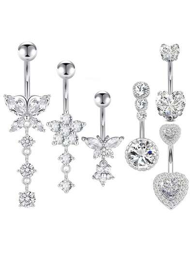6 pezzi Anelli per ombelico con pendente a forma di cuore e fiore in rame e zirconia, barra in acciaio inossidabile, stile europeo e americano, gioielli per piercing del corpo, adatti per uso quotidiano