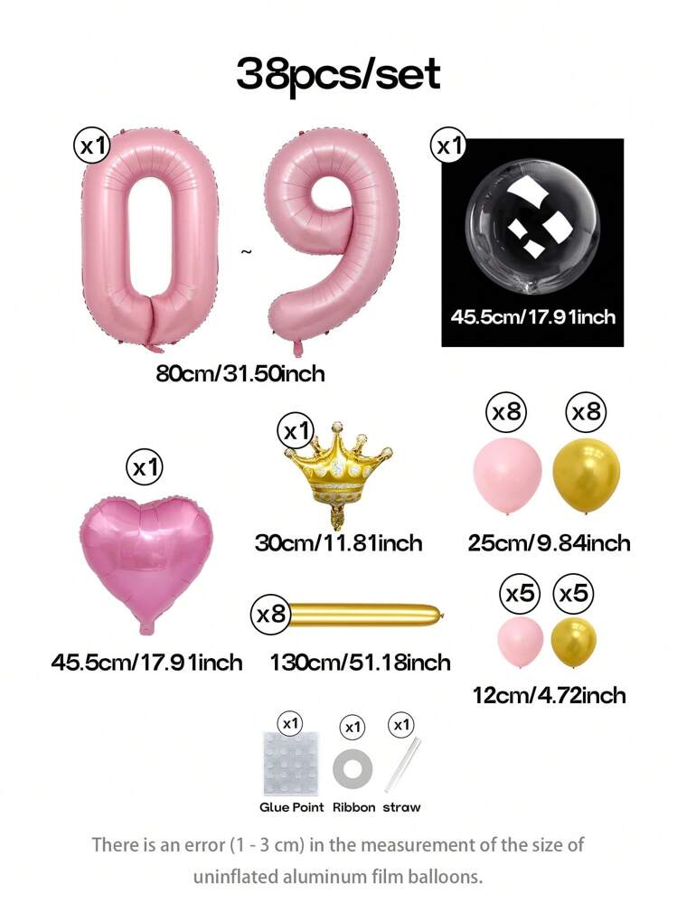 38pcs/Set Dreamy Princess Party Decoration Balloon Set | 32" Rose Gold Foil Number Balloons (0-9) | 18" Crystal Clear Bubble Balloons | Mini Gold Crown Shaped Balloons | 10" Macaron Pink/Misty Blue/Faux Pearl White Latex Balloons | Metallic Streamers | Style Wedding, Adult Party, Castle Afternoon Tea, Aristocratic Dinner, Princess Theme Salon Decor - Pink Numbers - View 2