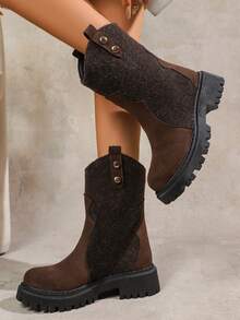 Women's High-End Coffee Brown Leather & Suede Patchwork Mid-Calf Pleated Fashion Motorcycle Boots, Thick Sole Round Toe Minimalist Chelsea Boots For Commuting