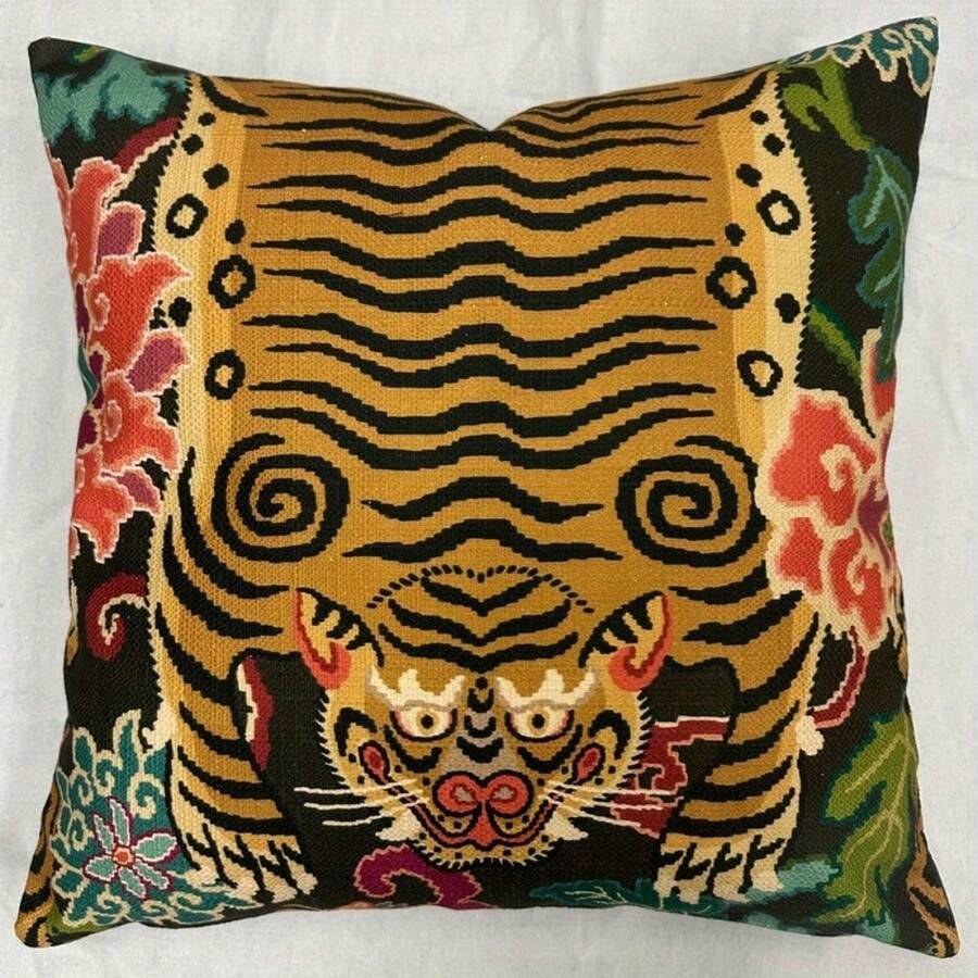 Burmese Tiger Bengal Tiger Pattern Pillow Cover - Black & Golden 18x18 Inch Single-Sided Printed Decorative Cushion Cover With Envelope Closure,  Machine-Washable For Living Room,Sofa,Bed,Car,Western Bedroom Decor & Daily,Festivals,Parties Decor, Tiger Pillowcase, Bedroom Accent - 樣式 1 - 查看 1