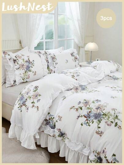 Floral Ruffled Duvet Cover Set, Bohemian Farmhouse Style Bedding 3 Pieces Set, Double Ruffled Decor, White Duvet Cover, Soft Microfiber, Unisex, 1 Duvet Cover, 2 Pillow Shams, Comforter Not Included, Suitable For All Seasons