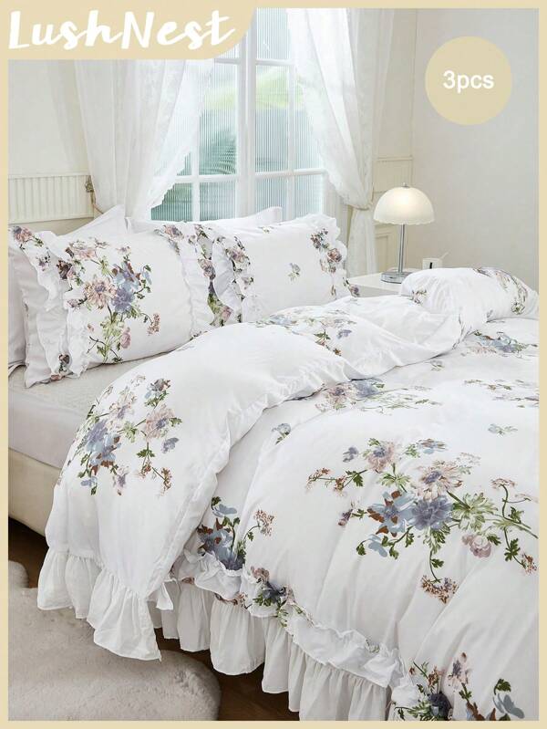 Floral Ruffled Duvet Cover Set, Bohemian Farmhouse Style Bedding 3 Pieces Set, Double Ruffled Decor, White Duvet Cover, Soft Microfiber, Unisex, 1 Duvet Cover, 2 Pillow Shams, Comforter Not Included, Suitable For All Seasons