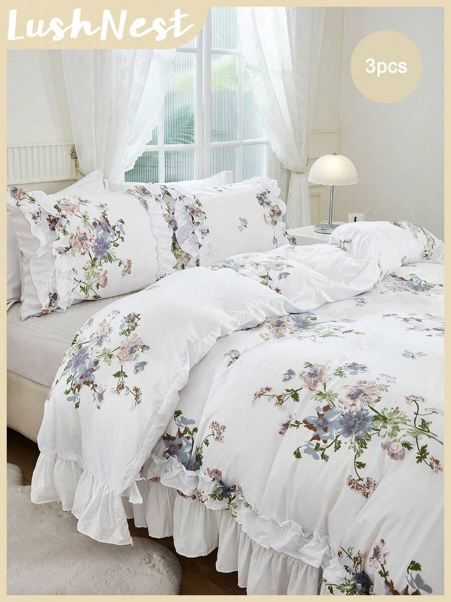 Bộ ga trải giường họa tiết hoa xếp nếp, phong cách trang trại Bohemian, bộ 3 món, trang trí xếp nếp đôi, ga trải giường màu trắng, chất liệu microfiber siêu mềm, phù hợp cho cả nam và nữ, gồm 1 ga trải giường và 2 vỏ gối, không bao gồm chăn bông, thích hợp cho mọi mùa.