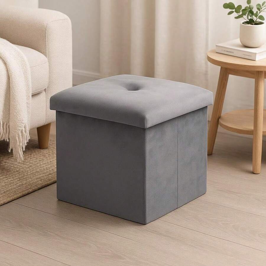 Taburete de Almacenamiento Taburete Reposapiés Plegable Terciopelo - Gris - Ver 1