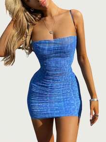 Women Spaghetti Strap Dress With Pleated Decoration, Low-Cut Bag Hip Slim Fit Summer Clothing