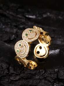 1 buc Inel decorativ minimalist la modă, rotund, cu față zâmbitoare, placat cu cupru, aur, zirconiu cubic, potrivit pentru ținute de petrecere pentru femei