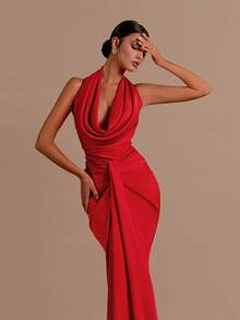Sexy Halter, Neck, Pocket Collar, Satin Dress, Long Skirt, Bridesmaid's Dress For Banquets, Parties, Birthdays And Weddings In All Seasons - 紅色 - 查看 2