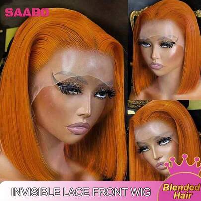 Bob假发，真人混纺发丝，13x4高清透明蕾丝前假发，预拔发际线，蕾丝前额短直波波头假发，女士彩色发丝，350金红色，时尚颜色，12英寸