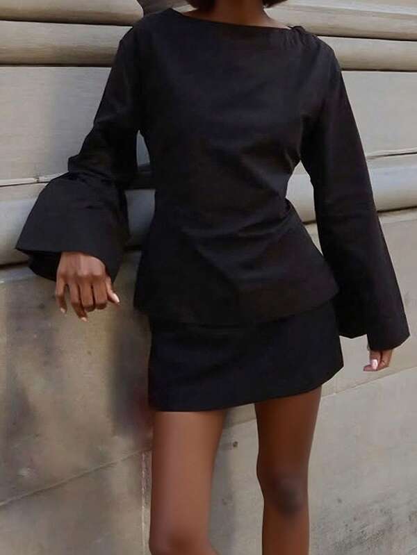 Blusa de manga larga, escote redondo, cintura ceñida, estilo suelto y elegante para mujer