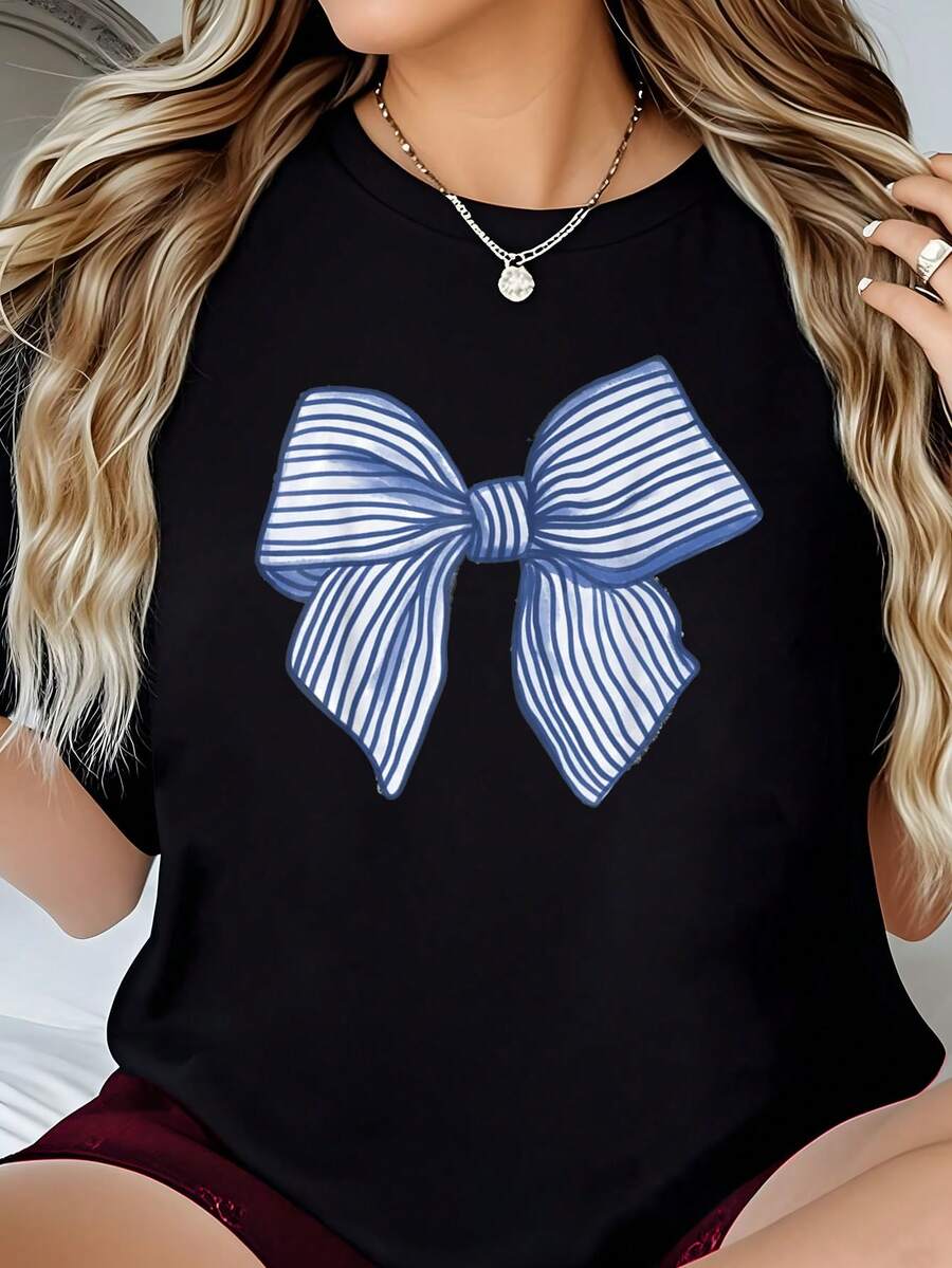 Coquette Blue Bow-Shirt         Graphic Tees Women Crop Tops Summer Outfits Women Summer Tops-Shirt - 黑色 - 查看 1