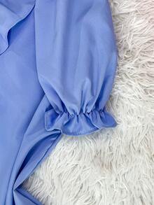 BLUSA SOCIAL MANGA CURTA BUFANTE COM BABADO E LAÇO MODA FEMININA - Azul bebê - Visão 5