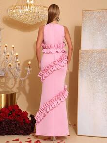 新款粉色立体花朵装饰性感V领无袖镂空长裙，适合婚礼宾客伴娘礼服、节日圣诞舞会优雅女士正式晚宴礼服 - 粉色 - 查看 5