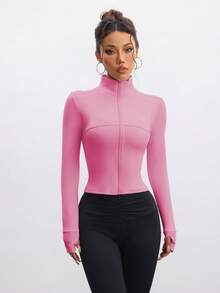 FWH 可调节高领/领口设计，专业剪裁，适合全天活动，多种运动场合，如健身/户外/瑜伽，运动时尚，可转换设计，专业运动时尚，带拇指孔训练上衣，修身拉链瑜伽外套带拇指孔，女士可转换高领训练外套粉色 - 粉色 - 查看 4