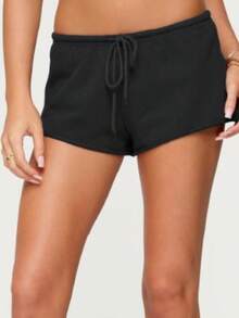 Women's Summer Drawstring Shorts Solid Color Low Waist Casual Breathable Short Pants - màu đen - Xem 1