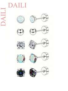 DAILI 4-10 Pairs Women's Small Flat Back Stud Earrings, Hypoallergenic Stainless Steel Earring Set, Includes Hoop And Cartilage Earrings, Suitable For Multiple Piercings, Gift Box - Silver - View 10
