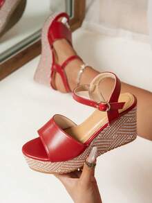2025 夏季新款韩版时尚厚底坡跟系带露趾优雅防水凉鞋 - 紅色 - 查看 1