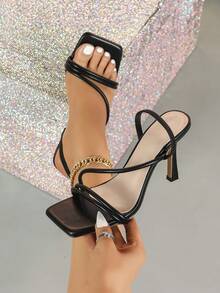 Women's High Heel Sandals, Sexy Kitten Heel High Heels With Square Toe, Strap Decor, Spring/Summer New Daily Versatile Women's Slide Sandals, Fine High Heels, Wedding Shoes, Bridal Heels, Party Elegant Holiday Wine Glass Heel Solid Color New Summer High Heel Sandals, Outdoor Pure Black Formal Wear Sandals, High-End Women's Heels, Elastic Back Strap Women High Heel Sandals
