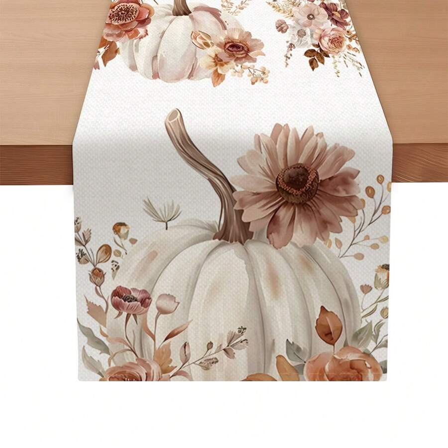 MEMNUN 1 件水彩南瓜和花卉印花桌旗，100% 涤纶仿亚麻面料，餐桌装饰，家居装饰，厨房装饰，长方形桌布，适用于厨房、餐桌、家庭聚会装饰、礼物