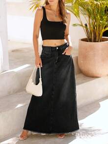 Women's Vintage Denim Maxi Skirt High Waisted A-Line Long Jean Skirt With Frayed Hem And Pockets - 黑色 - 查看 1