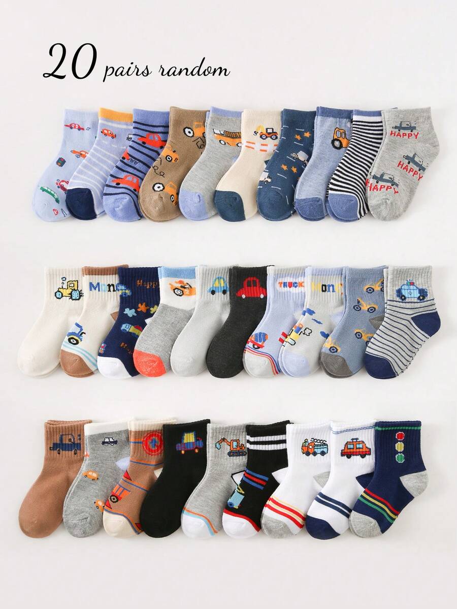 1/5/10/20 de perechi de șosete respirabile până la gleznă pentru băieți, la modă, cu imprimeu de animale și mașini, desene animate, șosete sport casual versatile, potrivite pentru purtare zilnică, ieșiri și întoarcerea la școală, stiluri și culori asortate