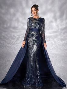 YISIKADO 花卉亮片图案奢华女士正式晚礼服舞会长袖端庄圆领撞色缎面婚礼宾客生日舞会派对宴会毕业晚宴仪式礼服 - 彩色 - 查看 5