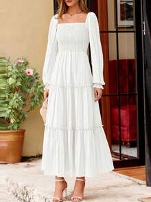 Women Elegant  Maxi Dresses For Fall Boho Long Sleeve Smocked A Line Ruffle  Wedding Guest Holiday Party Long Dress With Pockets New Years Valentine Vacation Spring Dresses For Women Vestidos Elegantes De Mujer - 白色 - 查看 8