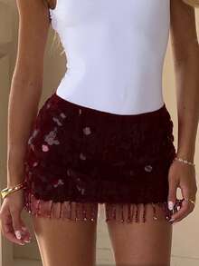Sequin Mini Skirt For Women Summer Fashionable Versatile Sparkly Solid Color Low Waist Short Skirts - 紅色 - 查看 4