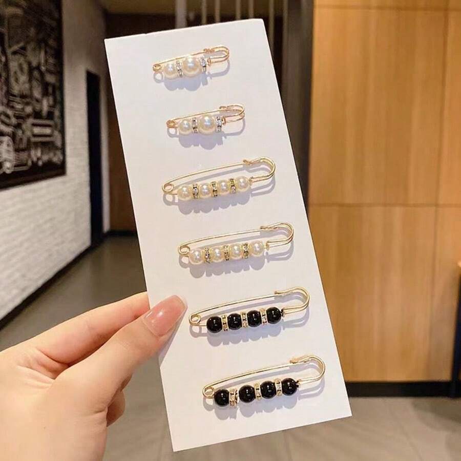 6件腰带夹、衣服扣件、毛衣胸针、珍珠防曝光别针（无卡） - 金色 - 查看 1