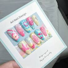 24Pcs Summer Pr On Nails Medium Square Fake Nails With Pearl Rhinestones Designs Gold Starfish Seashell Glue On Nails 3D Flower Acrylic Nails Beach False Nails French Tip Stick On Nails For Women - Móng tay đại dương-13 - Xem 5