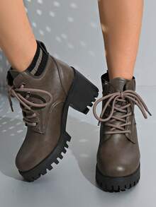 女式粗跟亮面皮革户外防水厚底靴，休闲运动，仿双层袜子装饰