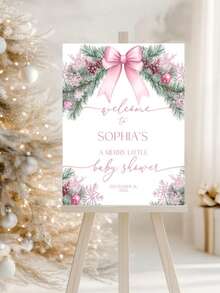 1 Personalized Pink Christmas Baby Shower Welcome Poster, Christmas Welcome Sign, Pink Pine Tree And Snowflake, Back To School - Multicolor - View 7