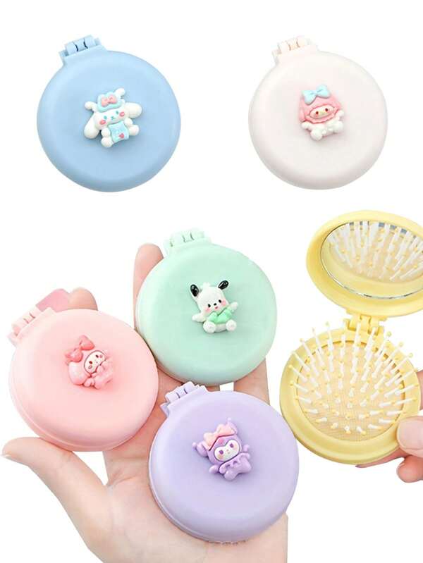 Sanrio 1 Stück Hello Kittys Cinnamoroll Kuromi Mini Haarbürste mit Make-up Spiegel, klappbarer Kamm, geeignet für Reisen und den täglichen Gebrauch (einige Teile können zufällig sein)