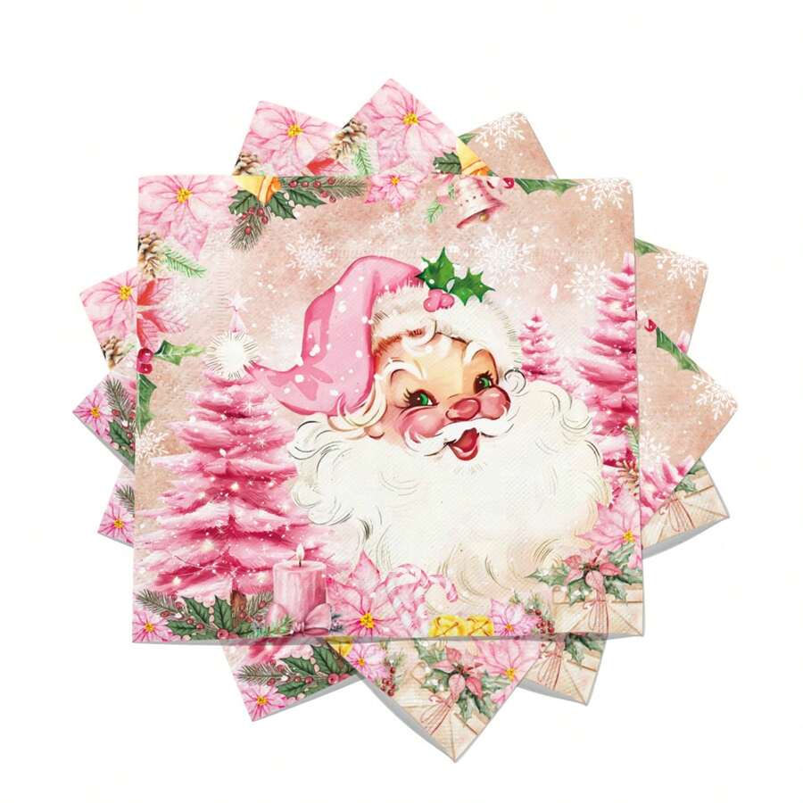 20pcs/40pcs/100pcs Pink Santa Claus Christmas Napkins Santa Xmas Tree Napkins Merry Christmas Paper Luncheon Napkins Dinner Dessert Decorative Napkins For Xmas Winter Holiday Birthday Party Supplies - Multicolor - View 1