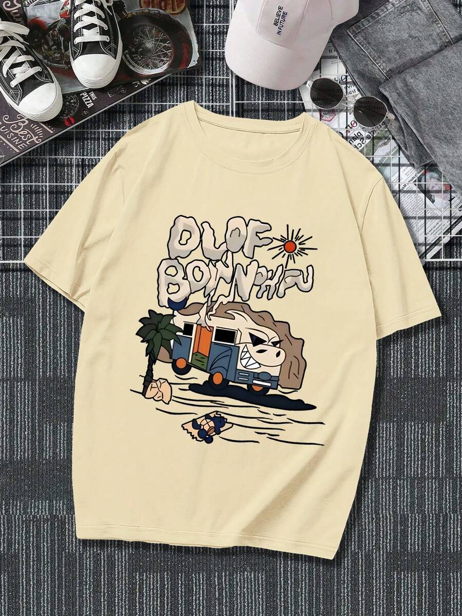 Teen Boys' Casual Car Graphic Print Round Neck Short Sleeve T-Shirt, Fashionable Everyday Versatile - Grey - View 1