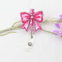 1pc Pink Glitter Floral Printed Bow Stethoscope Needle Tube Shaped Acrylic Retractable Badge Reel With Clip ID Badge Holder Badge Reel Gift For RN LPN CNA Nurse Doctor Assistant Medical Staff