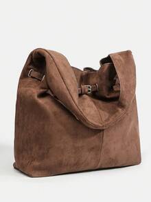 复古金属扣手提包，大容量仿麂皮单肩包，轻便金属装饰，西部风格，适合复古女孩、文艺青年、时尚爱好者，四季皆宜，适合通勤、旅行、度假、露营、摄影和日常穿搭，大容量，最新时尚女士麂皮包 - 咖啡 - 查看 6