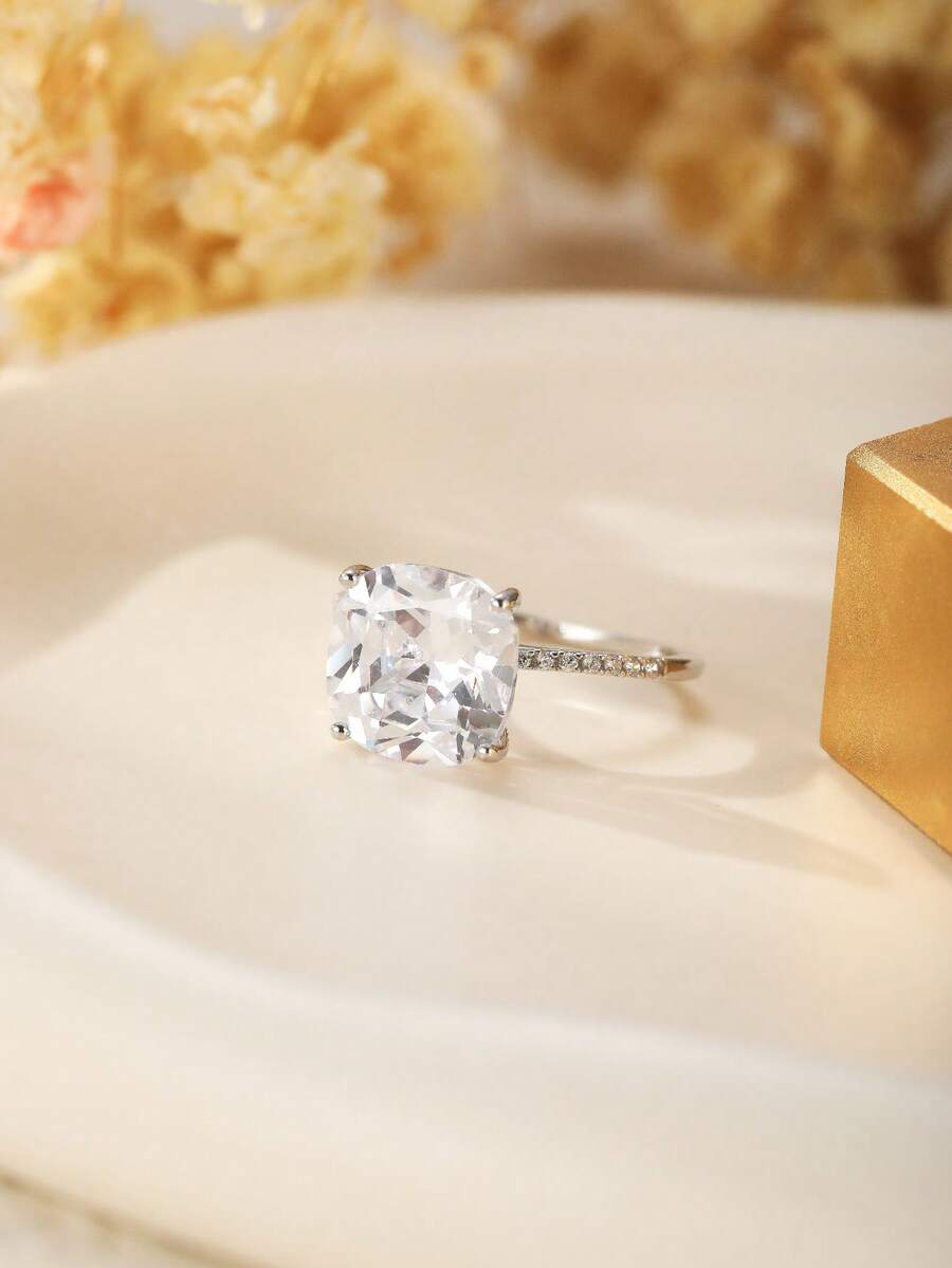 1 buc. Inel de nuntă pătrat strălucitor, extra mare, din argint sterlin 925, elegant la modă, cu zirconiu cubic, la modă, de lux, elegant, cu cutie cadou pentru bijuterii, potrivit pentru purtarea zilnică a femeilor, cadou, nuntă, logodnă, petrecere, bal