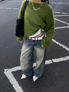 Vivid Style 女士柔软抓绒圆领套头衫，宽松柔软羊毛质感针织毛衣，街头风，圣诞节，圣诞毛衣，新年 - 綠色 - 查看 3