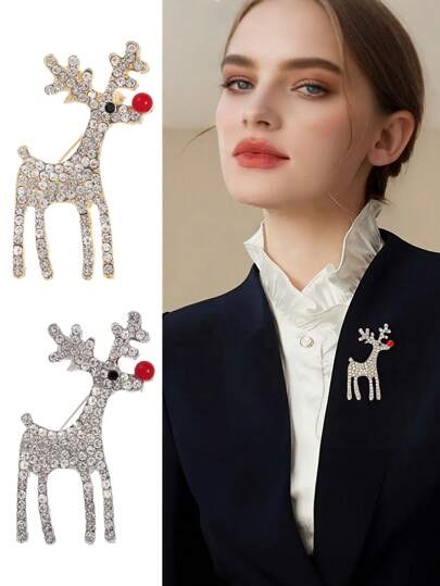 1pc Exquisite Rhinestone Reindeer Brooch - Christmas-Themed Red Nose Decoration, Sparkling Crystal Accents, Suitable For Dresses, Suits, Sweaters, Hats, Enhances Outfits For Holiday Gatherings/Commutes/Dates, Perfect Gift For Girlfriends/Besties, Stylish Eye-Catching Jewelry Halloween Halloween Accessories Teachers Day Costume Accessories Bag Charms Office Accessories
