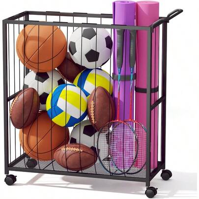 Ball Storage Bin Rolling Sports Ball Cart Metal Garage Organizer Sport Rack Ball Basket Storage Ball Cage For Garage Or Gym Indoor Outdoor Sports Equipment Organizer Black