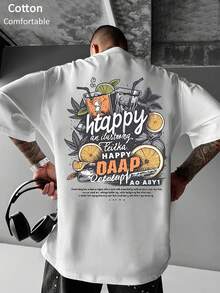 罗纹纯棉男女通用T恤，纯色，简约时尚，时尚英文文字，饮料涂鸦印花，男女通用，垂坠感十足，时尚柔软舒适男女通用短袖上衣 - 白色 - 查看 3