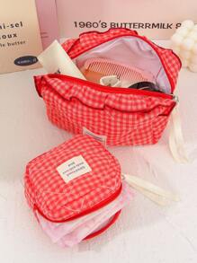 Juego de bolsas organizadoras de gran capacidad para el hogar con cremallera, bolsa de tocador portátil y con asa, bolsa de almacenamiento de cosméticos con diseño acolchado y de cuadrícula clásica en color rojo, bolsa cuadrada pequeña para almacenar toallas sanitarias, bolsa de maquillaje multifuncional para el hogar con asa, regalos para el Día de San Valentín, Navidad, Acción de Gracias, suministros para damas de honor y bodas