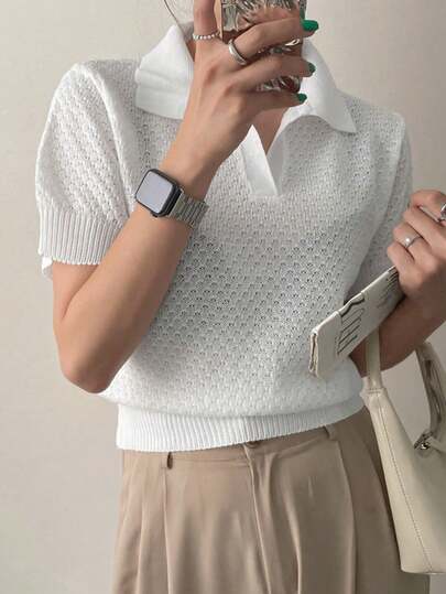 女士V领镂空纯色泡泡袖针织上衣，夏季白色