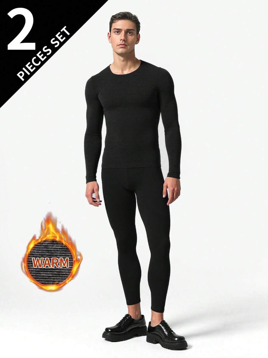 2pcs Men's Fashion Autumn Thermal Underwear Set, Warm Cotton Knit Base Layer For Autumn/Winter