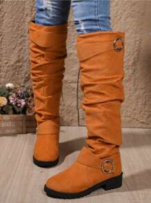 Women's All-Match Straight Tube High Boots With Thick Heels, Wide Leg And Glue-On Design. The Euorpean And American Style Solid Colored Boots Are Decorated With Wrinkled Retro Pointed-Toe Fashionable Boots - Orange - View 3