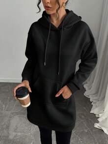 女士休闲连帽连衣裙 - 浅米色，长袖，带前袋和抽绳，涤纶混纺，可机洗 - 百搭四季穿着